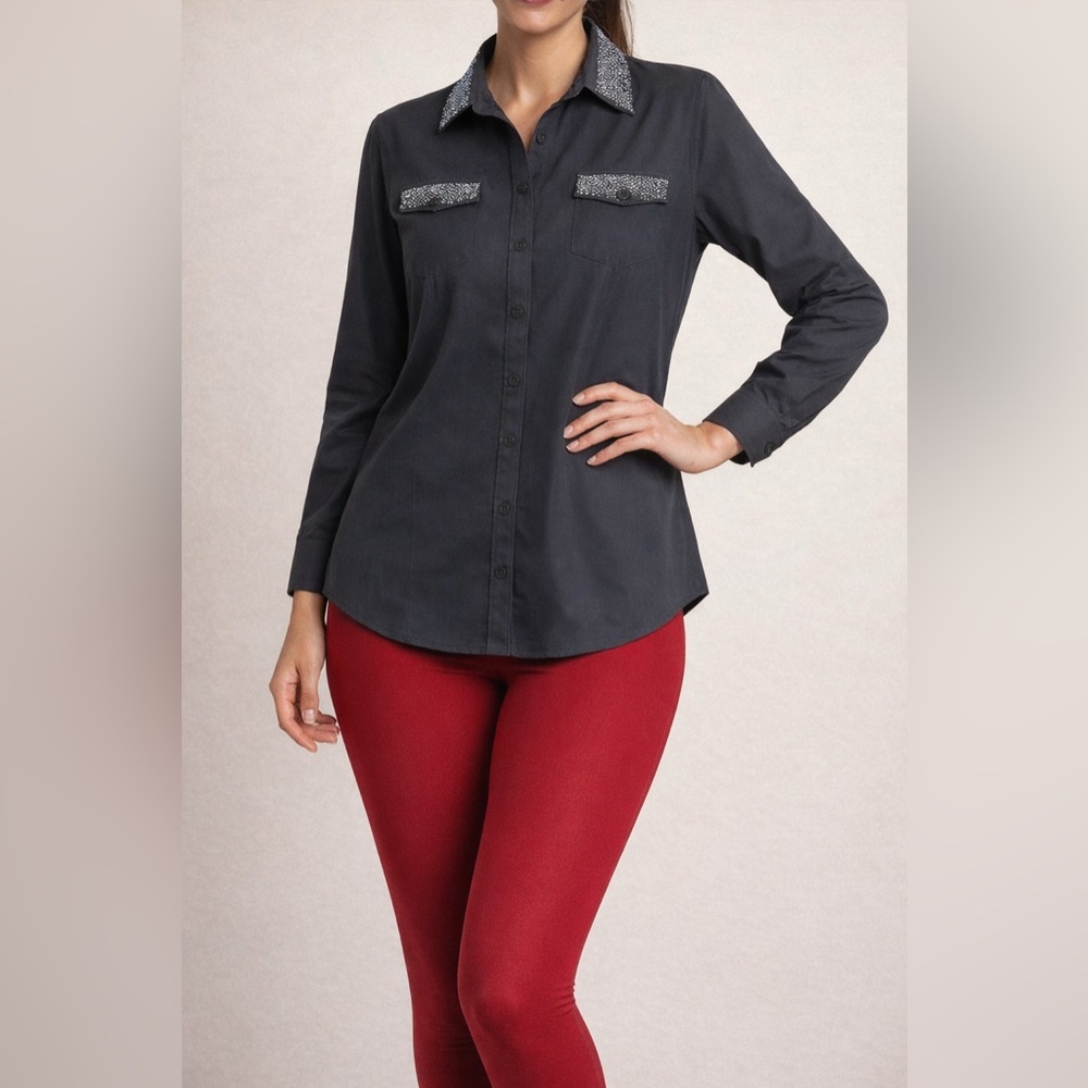 Christine Alexander Embellished Button Front Shirt Rhinestone Collar & Pockets